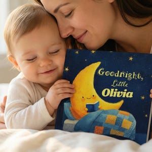 May include: A baby and an adult are embracing while holding a children's book. The book has a navy blue cover with a yellow crescent moon reading a book under a starry sky. The text on the book reads "Goodnight, Little Olivia."