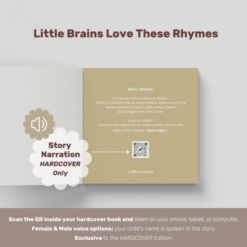 May include: Open book with text and a QR code. The text reads "Little Brains Love These Rhymes." The book has a "Story Narration HARDCOVER Only" graphic. The bottom text says, "Scan the QR inside your hardcover book and listen on your phone, tablet, or computer."