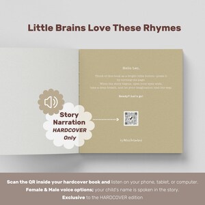 以下が含まれることがあります： 「Little Brains Love These Rhymes」のテキストが入った開いた本。本はベージュ色の表紙で、テキストとQRコードが付いています。「Story Narration HARDCOVER Only」と書かれた吹き出しのグラフィック。子供向けの本です。