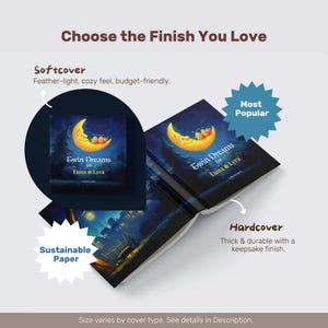 May include: Image of a children's book titled "Twin Dreams for Luna & Lyra" with a crescent moon and two characters on the cover. The image highlights softcover and hardcover options, with text indicating "Most Popular" and "Sustainable Paper."