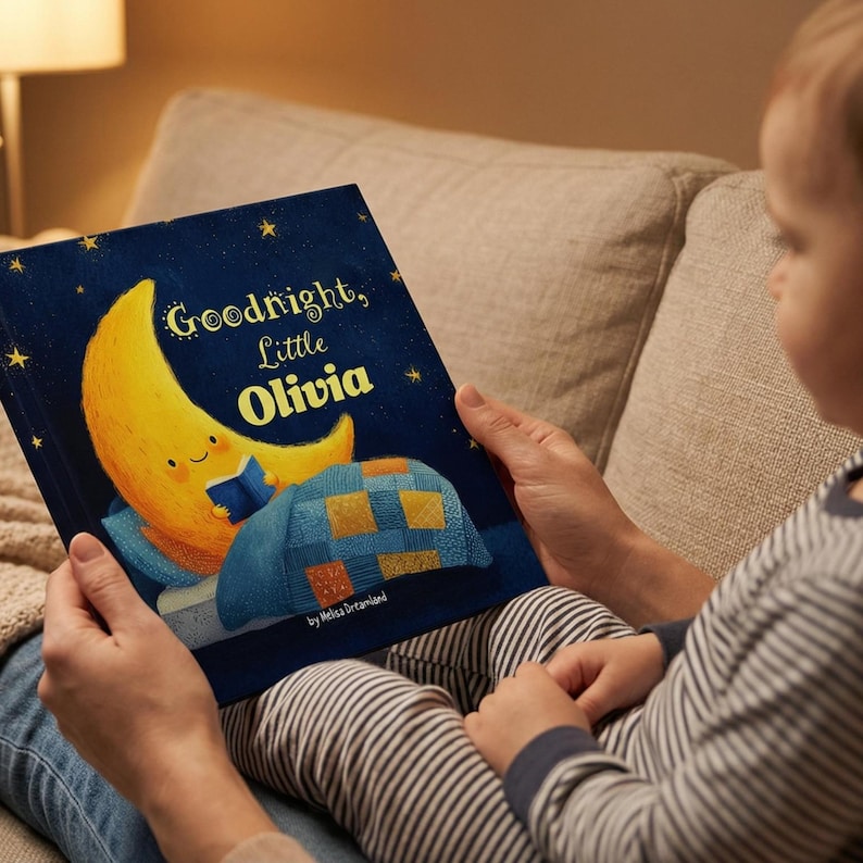 May include: A children's book titled "Goodnight, Little Olivia" is held open, revealing a whimsical illustration of a smiling crescent moon reading in bed. The cover is dark blue with gold stars and the author's name.