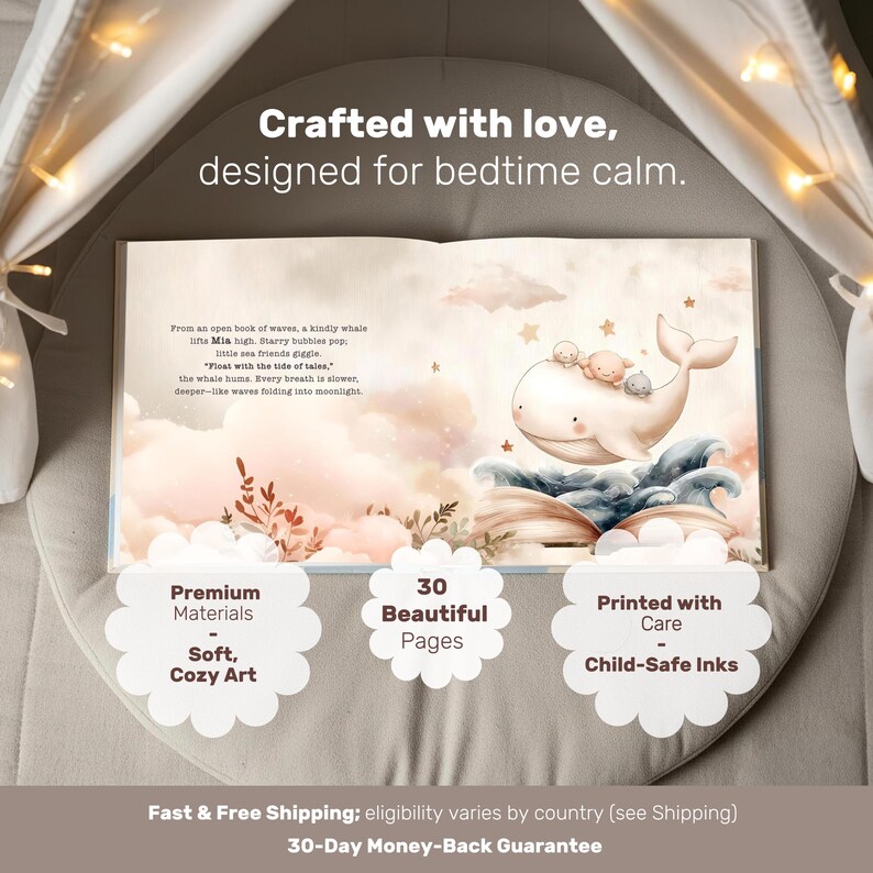 May include: An open book with a whale illustration, featuring text: "Crafted with love, designed for bedtime calm." The book has 30 pages and is printed with child-safe inks. The book is made with premium materials and soft, cozy art.