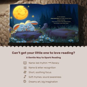 May include: An open book with a colorful illustration of two white bunnies cuddling under a smiling moon. The text reads, "Luna and Lyra are fluffy bunny twins, noses touching. They count stars like sleepy kisses and slowly close their eyes."