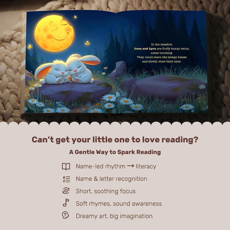 May include: An open book with a colorful illustration of two white bunnies cuddling under a smiling moon. The text reads, "Luna and Lyra are fluffy bunny twins, noses touching. They count stars like sleepy kisses and slowly close their eyes."