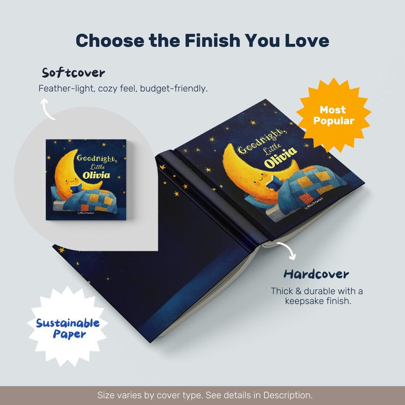 May include: A children's book titled "Goodnight, Little Olivia" with a yellow crescent moon illustration on the cover. The image highlights softcover and hardcover options, with text indicating "Most Popular" and "Sustainable Paper".