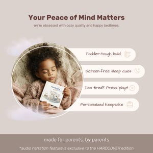 以下が含まれることがあります： 「Goodnight」というタイトルの本を抱きしめて眠っている子供。画像には「Your Peace of Mind Matters」と「made for parents, by parents」というテキストが含まれています。本にはコアラのイラストが描かれています。画像はまた、「Toddler-tough build」などの機能を強調しています。