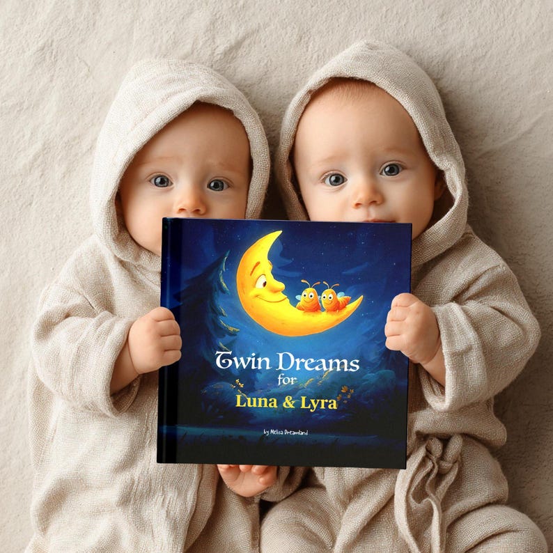 May include: Two babies in hooded beige outfits hold a book titled "Twin Dreams for Luna & Lyra." The book cover features a smiling yellow crescent moon with two orange cartoon bees. The background is a dark blue night sky with trees.