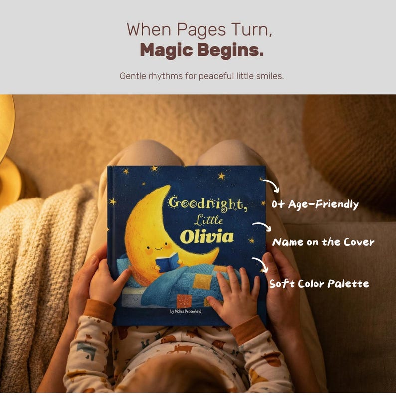 May include: A children's book titled "Goodnight, Little Olivia" with a soft color palette. The cover features a smiling crescent moon reading a book under a starry sky. Text on the image reads "When Pages Turn, Magic Begins."