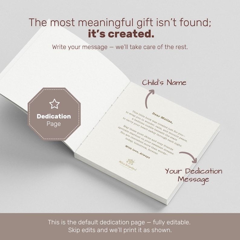 May include: Open book with a dedication page. The text reads "The most meaningful gift isn't found; it's created." and "Write your message - we'll take care of the rest." The page includes areas for a child's name and a dedication message.