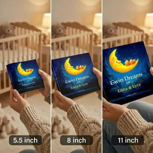 May include: A children's book titled "Twin Dreams for Luna & Lyra" is shown in three sizes: 5.5 inch, 8 inch, and 11 inch. The cover features a crescent moon with two small creatures against a dark blue background.