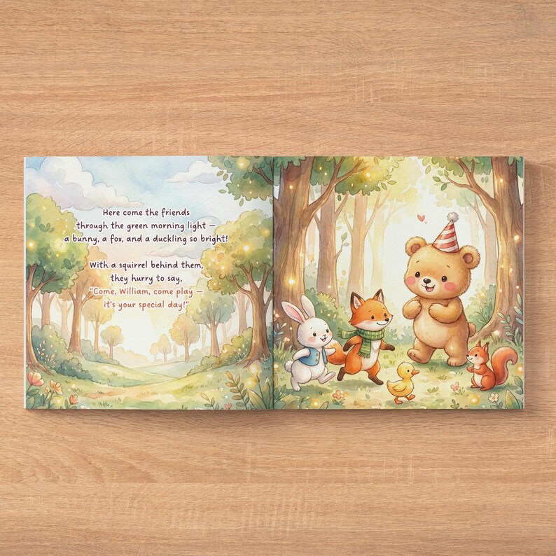 Puede incluir: Un libro infantil abierto con ilustraciones en acuarela de un conejo, zorro, patito, oso con gorro de fiesta y ardilla en un bosque. El texto dice: Here come the friends through the green morning light - a bunny, a fox, and a duckling so bright! With a squirrel behind them, they hurry to say, Come, William, come play - it's your special day!