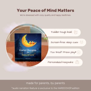 May include: A children's book titled "Twin Dreams for Luna & Lyra" with a crescent moon and two cartoon characters. The image includes text: "Your Peace of Mind Matters" and highlights features like "Toddler-tough build" and "Screen-free sleep cues."