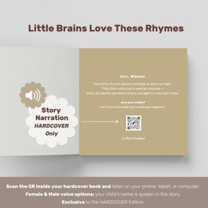 Puede incluir: Una p&aacute;gina de libro de tapa dura con el texto Little Brains Love These Rhymes. Incluye un mensaje para William, un c&oacute;digo QR y un icono de altavoz con el texto Story Narration HARDCOVER Only. El texto inferior explica c&oacute;mo escanear el c&oacute;digo.