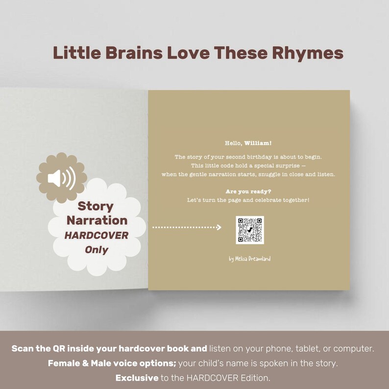 Puede incluir: Una p&aacute;gina de libro de tapa dura con el texto Little Brains Love These Rhymes. Incluye un mensaje para William, un c&oacute;digo QR y un icono de altavoz con el texto Story Narration HARDCOVER Only. El texto inferior explica c&oacute;mo escanear el c&oacute;digo.