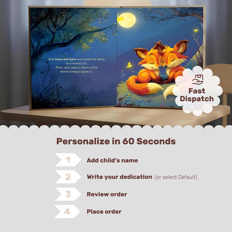 May include: An open book with a whimsical illustration of two orange foxes under a full moon. The text reads, "Now Luna and Lyra are curled fox twins on a mossy hill." The book is on a table with the words "Personalize in 60 Seconds".