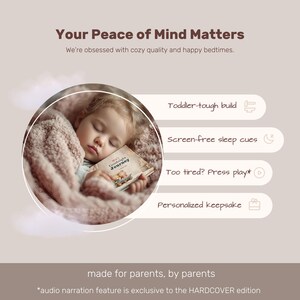 May include: A child sleeps peacefully, wrapped in a soft, pink blanket, holding a book titled "Goodnight Journey." The image includes text: "Your Peace of Mind Matters" and highlights features like "Toddler-tough build" and "Screen-free sleep cues."