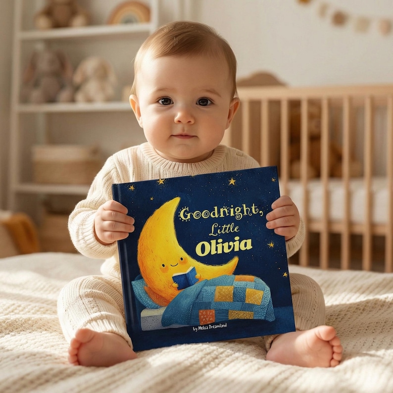 May include: A baby holds a children's book titled "Goodnight, Little Olivia." The book cover features a smiling crescent moon reading a book under a starry sky. The baby is wearing a cream-colored sweater and sitting on a bed.