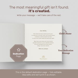 May include: Open book with a dedication page. The text reads "The most meaningful gift isn't found; it's created." and "Write your message - we'll take care of the rest." The dedication page has text and a star-shaped graphic.