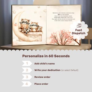 May include: A children's book with illustrations of raccoons on a crescent moon. The book's text describes a cozy scene with stars and a child named Mia. The image also includes the text "Personalize in 60 Seconds" and "Fast Dispatch".
