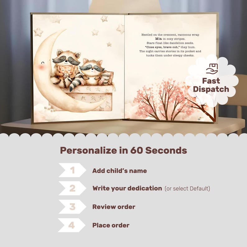May include: A children's book with illustrations of raccoons on a crescent moon. The book's text describes a cozy scene with stars and a child named Mia. The image also includes the text "Personalize in 60 Seconds" and "Fast Dispatch".