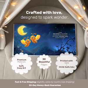May include: A children's book with a colorful illustration of two orange fireflies flying near a crescent moon. The book's cover reads "Crafted with love, designed to spark wonder." Additional text includes "Premium Materials - Soft, Cozy Art" and "30 Beautiful Pages."
