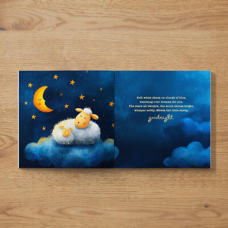 May include: A children's book illustration featuring a nighttime scene. Two white sheep rest on a blue cloud under a crescent moon and stars. The text reads "Soft white sheep on clouds of blue, goodnight."