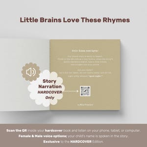 May include: Open book with text: "Little Brains Love These Rhymes." The book has a QR code for story narration. Text on the page reads "Hello Luna and Lyra!" and "Are you ready?" The book is a hardcover edition.
