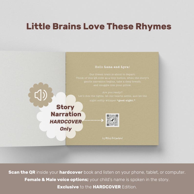 May include: Open book with text: "Little Brains Love These Rhymes." The book has a QR code for story narration. Text on the page reads "Hello Luna and Lyra!" and "Are you ready?" The book is a hardcover edition.