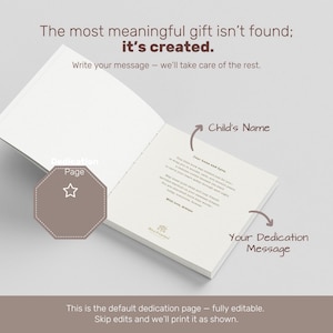 May include: An open book with a dedication page, featuring the text "The most meaningful gift isn't found; it's created." and "Write your message - we'll take care of the rest." The page is labeled "Child's Name" and "Your Dedication Message."
