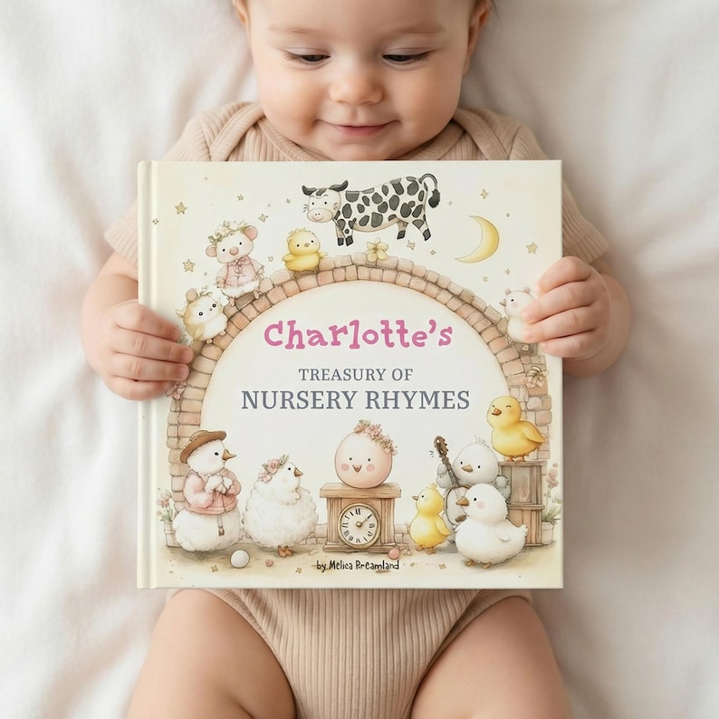 Personalized bedtime story book with custom nursery rhyme verses and name on every page, keepsake gift for first birthday and baby shower, vintage watercolor bear cub storybook illustrations, custom personalized baby book for newborn toddler, bedtime story book with name by Melisa Dreamland