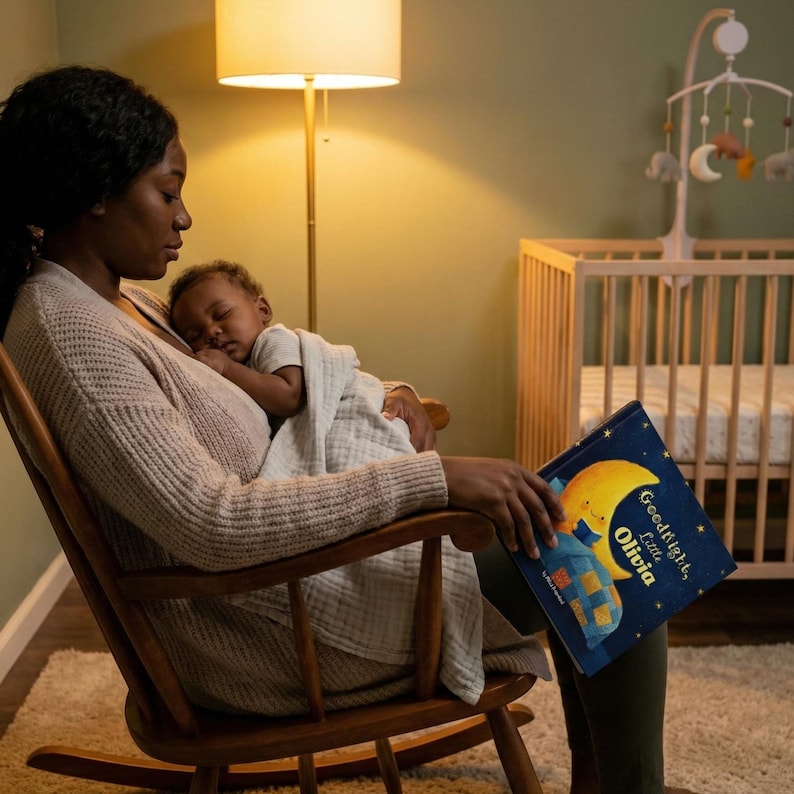 May include: A woman in a beige sweater sits in a wooden rocking chair, holding a sleeping baby wrapped in a white blanket. She is reading a book titled "Goodnight, Little Olivia" with a blue cover and a yellow moon illustration. A floor lamp and crib are in the background.