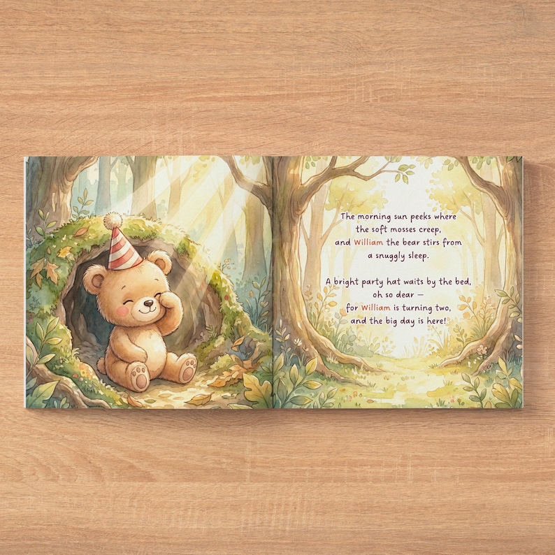 Puede incluir: Un libro infantil abierto en dos p&aacute;ginas que muestra un oso marr&oacute;n claro con un gorro de fiesta a rayas rojas y blancas dentro de un hueco de &aacute;rbol cubierto de musgo. La p&aacute;gina derecha contiene el texto: The morning sun peeks where the soft mosses creep, and William the bear stirs from a snuggly sleep. A bright party hat waits by the bed, oh so dear - for William is turning two, and the big day is here!