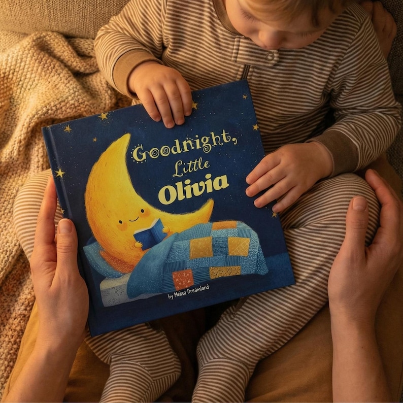 May include: A children's book titled "Goodnight, Little Olivia" featuring a smiling crescent moon reading in bed under a starry sky. The book is held by a person and a child wearing striped pajamas.