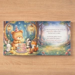Puede incluir: Una ilustraci&oacute;n de libro infantil con un oso pardo con gorro de fiesta ante un pastel de dos pisos con dos velas encendidas. Junto al oso hay un conejo, un pato, un tej&oacute;n, una ardilla y un zorro. El texto dice: The candles are glowing on top of the cake, and William makes a wish - the best wish to make! The friends gather close as the candle-glow gleams - Happy birthday, dear William! - a night made of dreams.