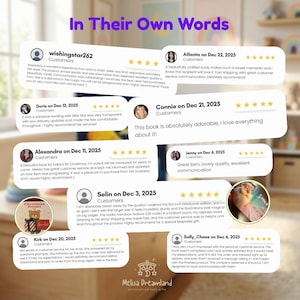 May include: A collage of customer reviews for Melisa Dreamland personalized baby gifts. The reviews are in white speech bubbles with star ratings. The text "In Their Own Words" is at the top in purple.