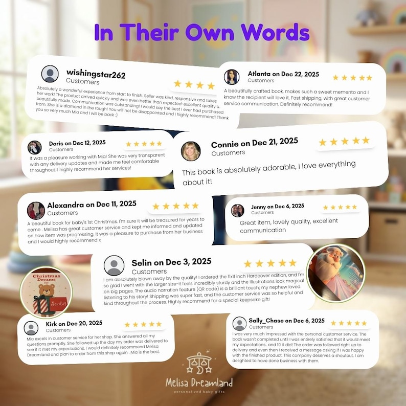 May include: A collage of customer reviews for Melisa Dreamland personalized baby gifts. The reviews are in white speech bubbles with star ratings. The text "In Their Own Words" is at the top in purple.