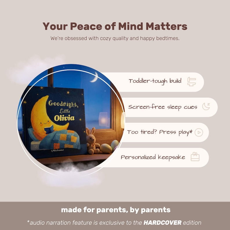 May include: An illustrated children's book titled "Goodnight, Little Olivia" with a crescent moon and a smiling moon character. The image includes text: "Your Peace of Mind Matters" and "made for parents, by parents".