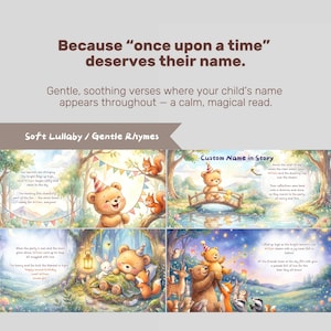 Puede incluir: Un libro de cuentos personalizado para ni&ntilde;os con ilustraciones coloridas de un oso de peluche con gorro de fiesta, ardillas y animales del bosque. Las p&aacute;ginas incluyen rimas con el nombre William, "Because once upon a time deserves their name."