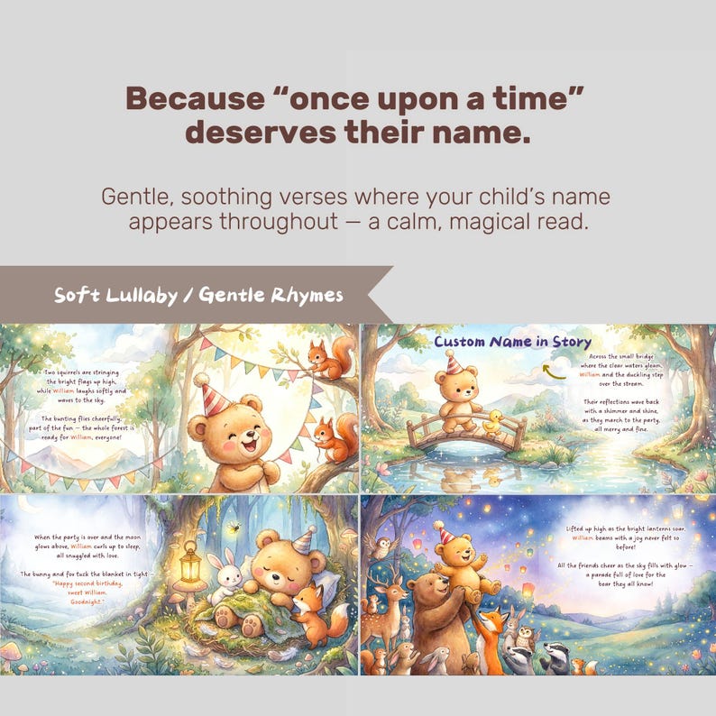 Puede incluir: Un libro de cuentos personalizado para ni&ntilde;os con ilustraciones coloridas de un oso de peluche con gorro de fiesta, ardillas y animales del bosque. Las p&aacute;ginas incluyen rimas con el nombre William, "Because once upon a time deserves their name."