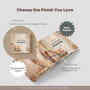 May include: An open book titled "Mia's Goodnight Journey" with a hardcover and softcover option. The hardcover is labeled "Most Popular" and the softcover is labeled "Sustainable Paper". The book features illustrations of teddy bears and text that reads "Choose the Finish You Love".