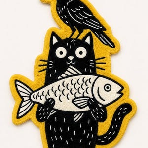 Alfombra de lana tejida a mano con diseño de gato negro, alfombra con cuervo y pez, alfombra con animales adorables, alfombra moderna para habitación infantil, decoración para sala de estar, tamaño personalizado.