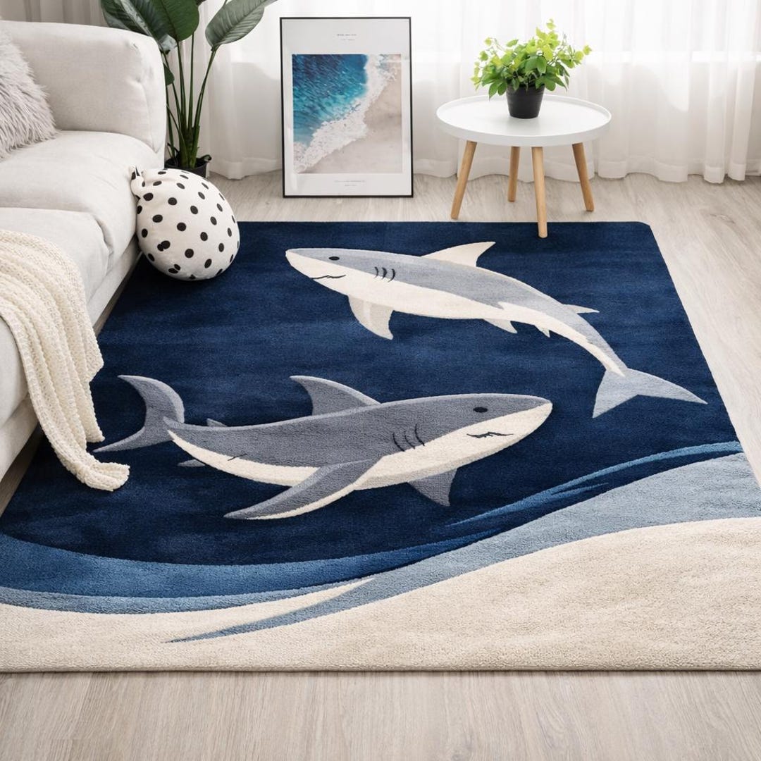 Shark Area Rug, Ocean Theme Kids Room Carpet, Blue Shark Rug for Living ...