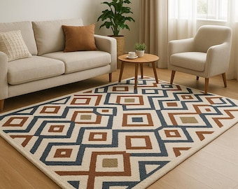 Hand-Tufted Geometric Wool Rug, Modern Abstract Living Room Decor