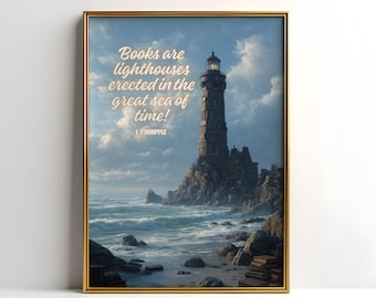 Impresión de libros de faro, arte mural con cita literaria