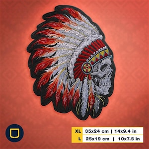 May include: Embroidered patch featuring a skull wearing a Native American headdress. The headdress is detailed with red, white, and yellow feathers. The patch is outlined in black. XL size: 14x9.4 in, L size: 10x7.5 in.