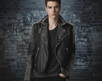 Men’s Black Studded Leather Jacket – Punk Rock Spike Biker Jacket – Gothic Motorcycle Coat