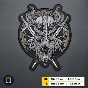 May include: Embroidered patch featuring a Viking warrior with a horned helmet, crossed swords, and intricate detailing. The design is primarily silver and black, with gold accents. Available in XL (10x13 in) and L (7.5x9 in) sizes.