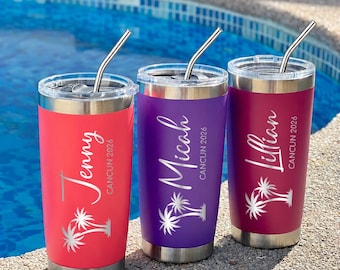Custom Travel Mug, Personalized Stainless Steel Tumbler With Metal Straw, Beach Cup, Birthday Cruise Girls Trip, Custom Logo Cup