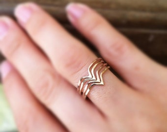 Hammered Chevron Rings, 14k gold filled, stack of 4