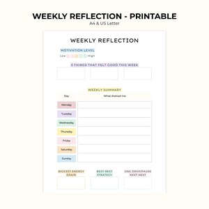 May include: Printable weekly reflection sheet with the title "WEEKLY REFLECTION - PRINTABLE" at the top. The sheet includes sections for motivation level, things that felt good, weekly summary, biggest energy drain, best rest strategy, and one drop/pause next next.